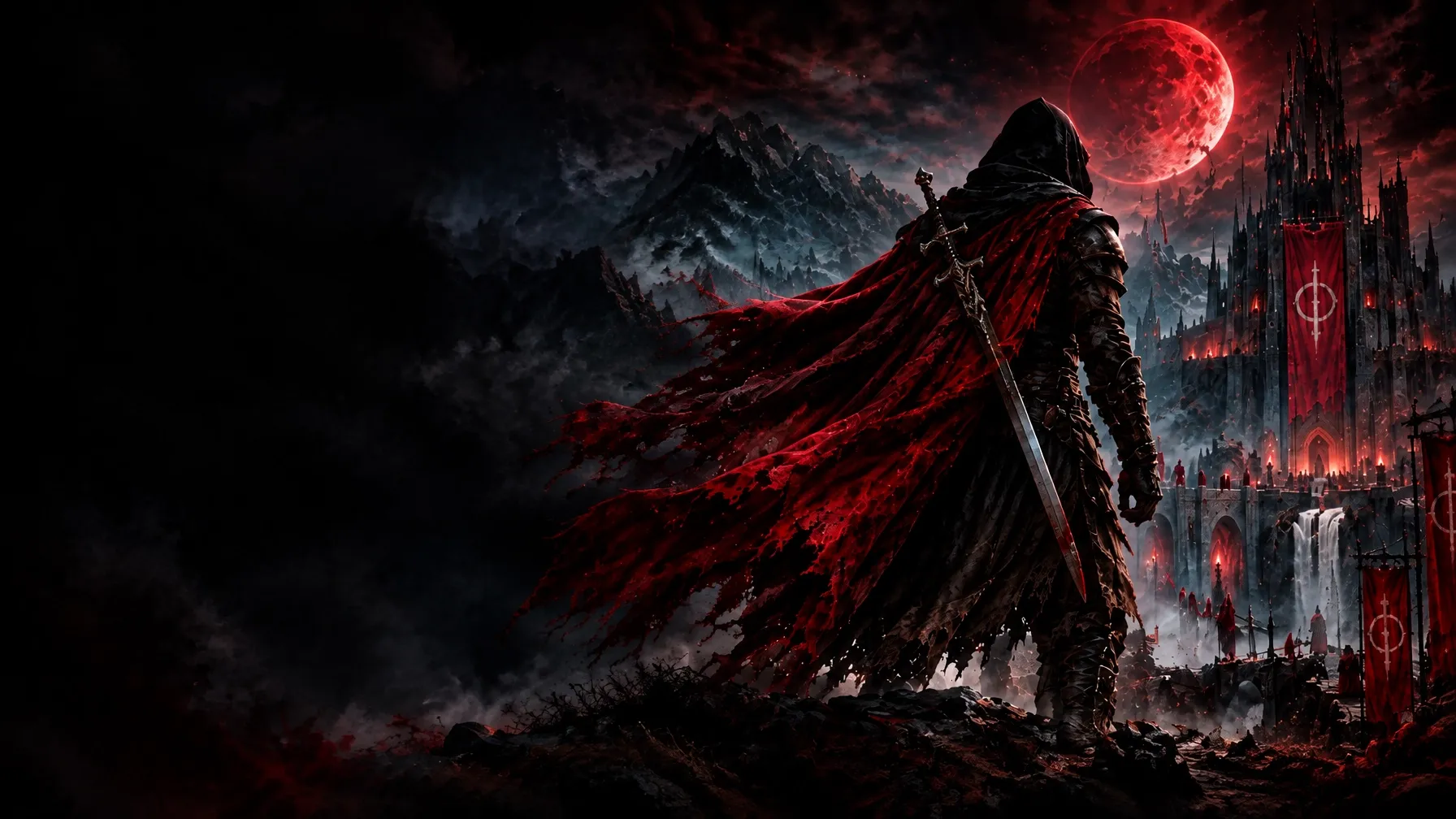 A hooded assassin before a gothic castle beneath a crimson moon
