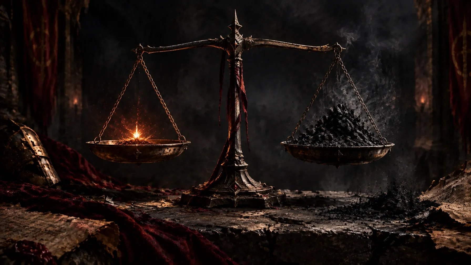 An iron scale balanced between a small ember and black ash on cracked stone
