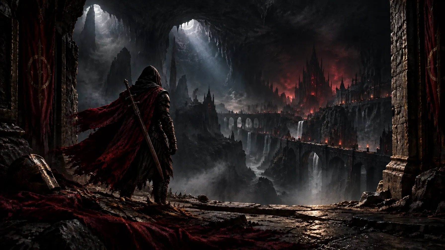 A lone cloaked figure at the edge of a ruined subterranean passage, divided by moonlight and shadow